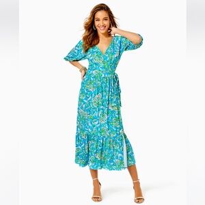 NWT Lilly Pulitzer Brantley Midi Wrap Dress in Cumulus Blue Chick Magnet, Small